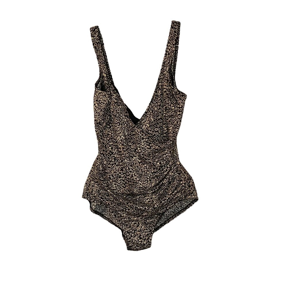 Miraclesuit 12 One Piece Swimsuit Ruched‎ Waist Black Tan Geometric Bathing Suit